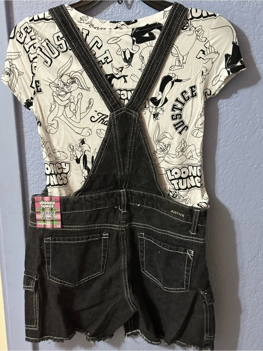 Warner Bros. Black Denim Short Overalls with Looney Tunes Patches